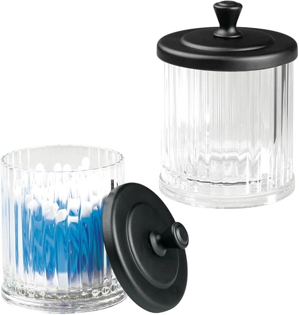 mDesign Set of 2 Bathroom Cosmetics Jar  Plastic Containers with Lids for Storage of Bath Salts, Cotton Buds and More  Versatile Makeup Organiser for Dressing Table and Vanity Unit  Clear/Black