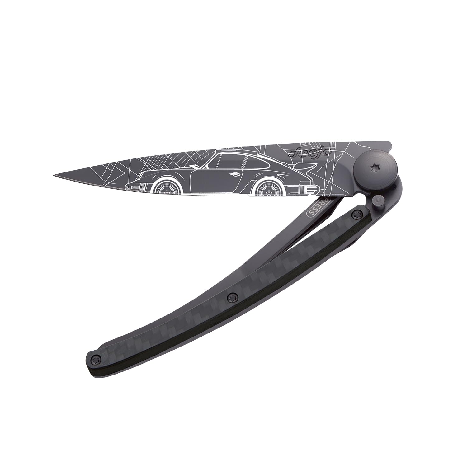deejo - Couteau de Poche Pliant 37g avec Clip Ceinture - Manche en Fibre de Carbone, Lame en Acier Inoxydable Z40C13 - Motif Young Timer - Couteau de Table, Randonnée, Camping, Bivouac