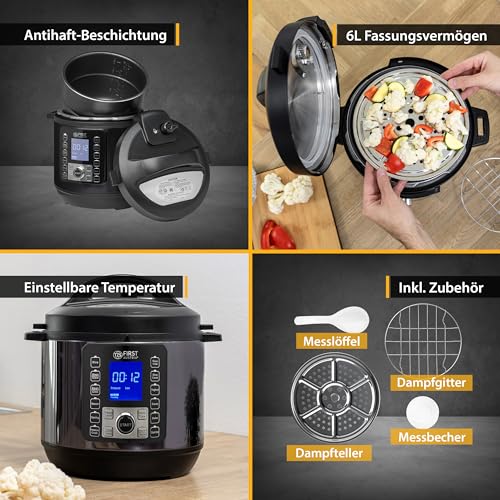TZS First Austria - Elektro Schnellkochtopf 6L - 12 Auto-Programme - Multikocher 1000W Multicooker als Reiskocher, Dampfgarer, Crock Pot etc. - Elektrischer Multivarka Druckkochtopf – Bild 4