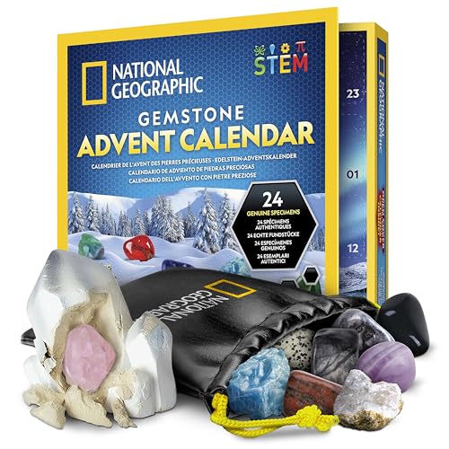 NATIONAL GEOGRAPHIC 2024 Calendario de Adviento de Gemas - Calendario para Niños con 24 Gemas para Abrir Cada Día, Colección de Rocas, Cuenta Atrás de Navidad con Mini Kit de Excavación de Gemas