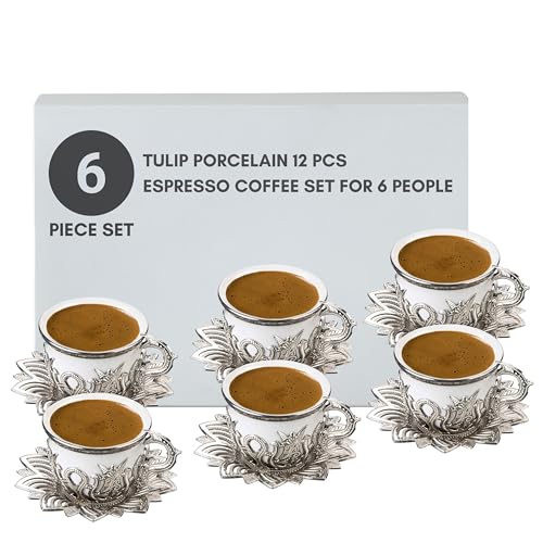 LaModaHome Espresso Coffee Cup Set with Saucers, Handmade Authentic Ottoman Turkish-Arabic-Greek Serving Mugs for Dining Table, Guests, Housewarming Gifts, Wedding, Events - Silver/White