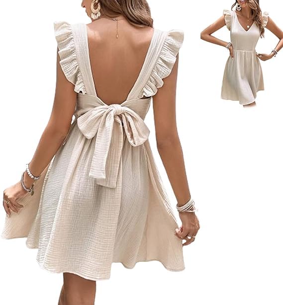 Cmeilau Women's Mini Dress V Neck Flutter Sleeve Cotton Self Tie Back A Line Short Summer Dress