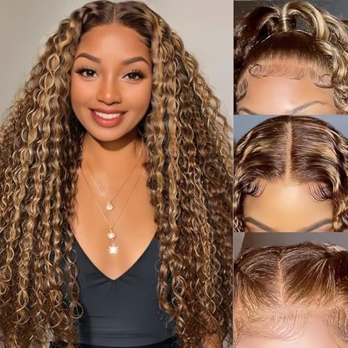 PXTPXT 13x6 Highlight Ombre Lace Front Wig Human Hair HD Glueless Deep Wave Wig Honey Blonde 4/27 Pre Plucked Wet and Wavy Curly Wig for Women Long Natural Soft Human Hair Wigs 26 Inch