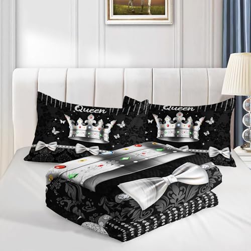 Image of AILONEN Queen Black Damask Comforter Set 3Pcs,Elegant Silver Crown Bedding Set Twin Size for Girls Women,Glam Luxury Diamond & Bow Quilt with 2 Pillowcases
