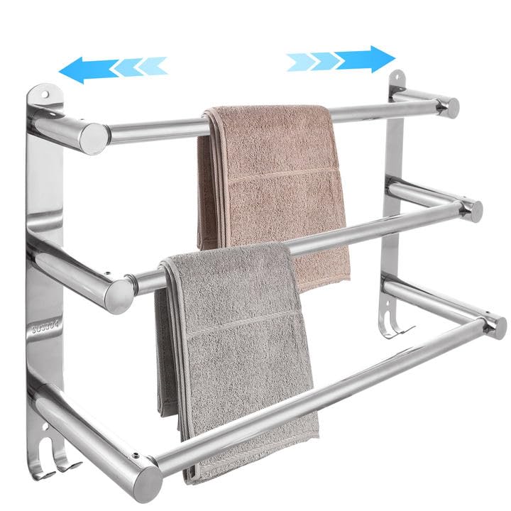 GBACHOOSE Adjustable Towel Rail, 3-Tier Towel Rack Wall Mounted, SUS 304 Stainless Steel Towel Shelves with Hooks
