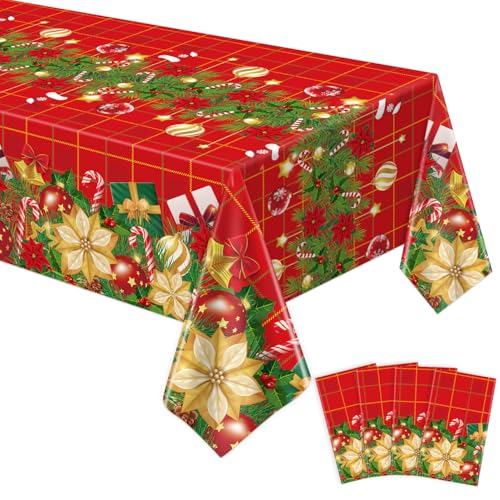 4 Pcs Christmas Poinsettia Plaid Tablecloth Christmas Checkered...