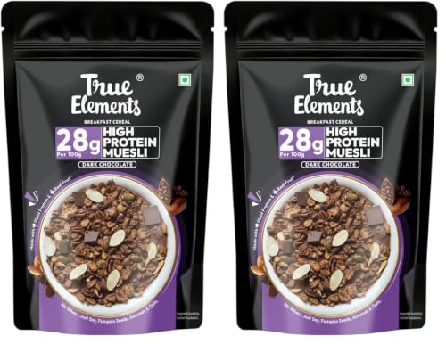 Image of True Elements High Protein Muesli 400g | 28g Protein | Dark Chocolate | Healthy Breakfast Cereal | Rich in Nuts, Seeds & Wholegrains | No Added Preservatives (Pack of 2)