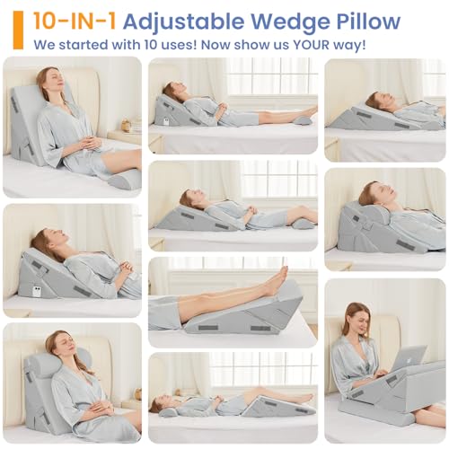 Sasttie Wedge Pillow Set for After Surgery, 4PCS Adjustable Bed Wedge Pillow Headboard with Memory Foam Neck Cushion – for Acid Reflux, Sleeping, Neck & Back Support, Light Grey