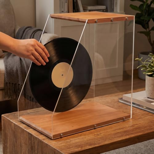 Estuche de madera para discos de vinilo con soporte anticaída para mesa 4
