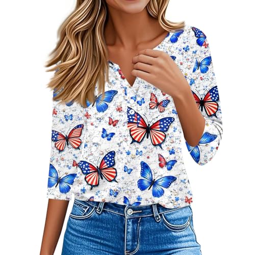 Image of 4th of July Shirts Women 3 /4 Length Sleeve Womens Tops Henley Neck Casual Patriotic T Shirts