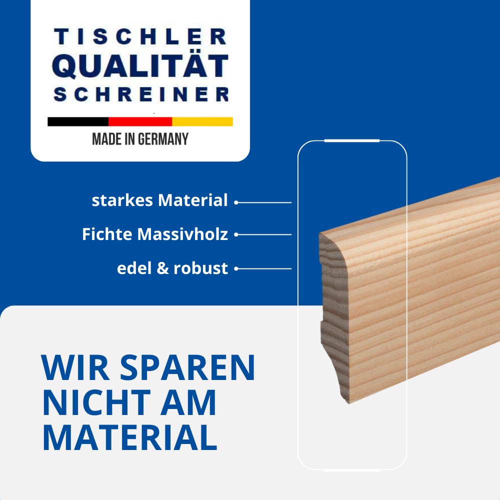 REESE | MASSIVHOLZ Sockelleiste | Fichte GEÖLT | Münchener Profil | Oberkante Rund | (60mm Höhe, 20 Stück / 46lfm)