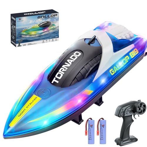 Skirfy RC Boats for Kids Adult with LED Lights 15KM/H Distance 60M 50 Min to 2 Hours Drive Time 2 Lithium-Ion Rechargeable Batteries Remote Control Boats for Pools & Lakes Racing Boat
