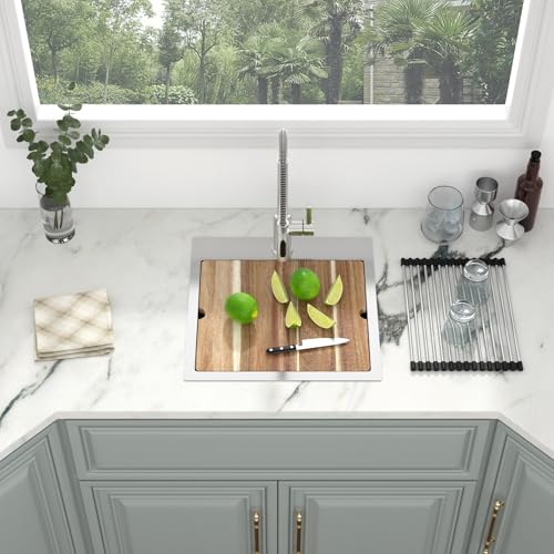 Image of Kichae Drop In Bar Sink- 18 x 18 x 9 Inch Small Overmount Topmount Stainless Steel RV Sink Single Bowl Workstation Wet Bar Prep Kitchen Sinks Patio Handmade Basin with Cutting Board & Rack