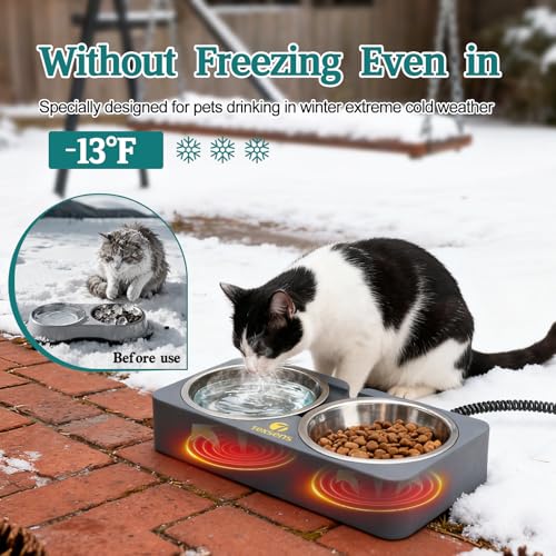 Beheizter Katzennapf für Haustiere im Freien – Doppelter Futternapf aus Edelstahl mit kaufester Schnur – vollständig wasserdichte Winter-Futterstation für Katzen und Hunde – je 575 ml