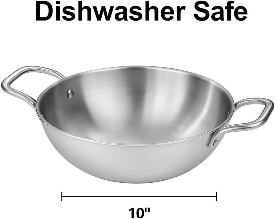 Tri-Ply Stainless Steel Deep Kadai 24 cm | 3-Layer Aluminum Core Construction for Even Heat Distribution Gas & Induction Compatible Rust-Free Cookware Pan with Dual Handles for Curry & Deep Frying