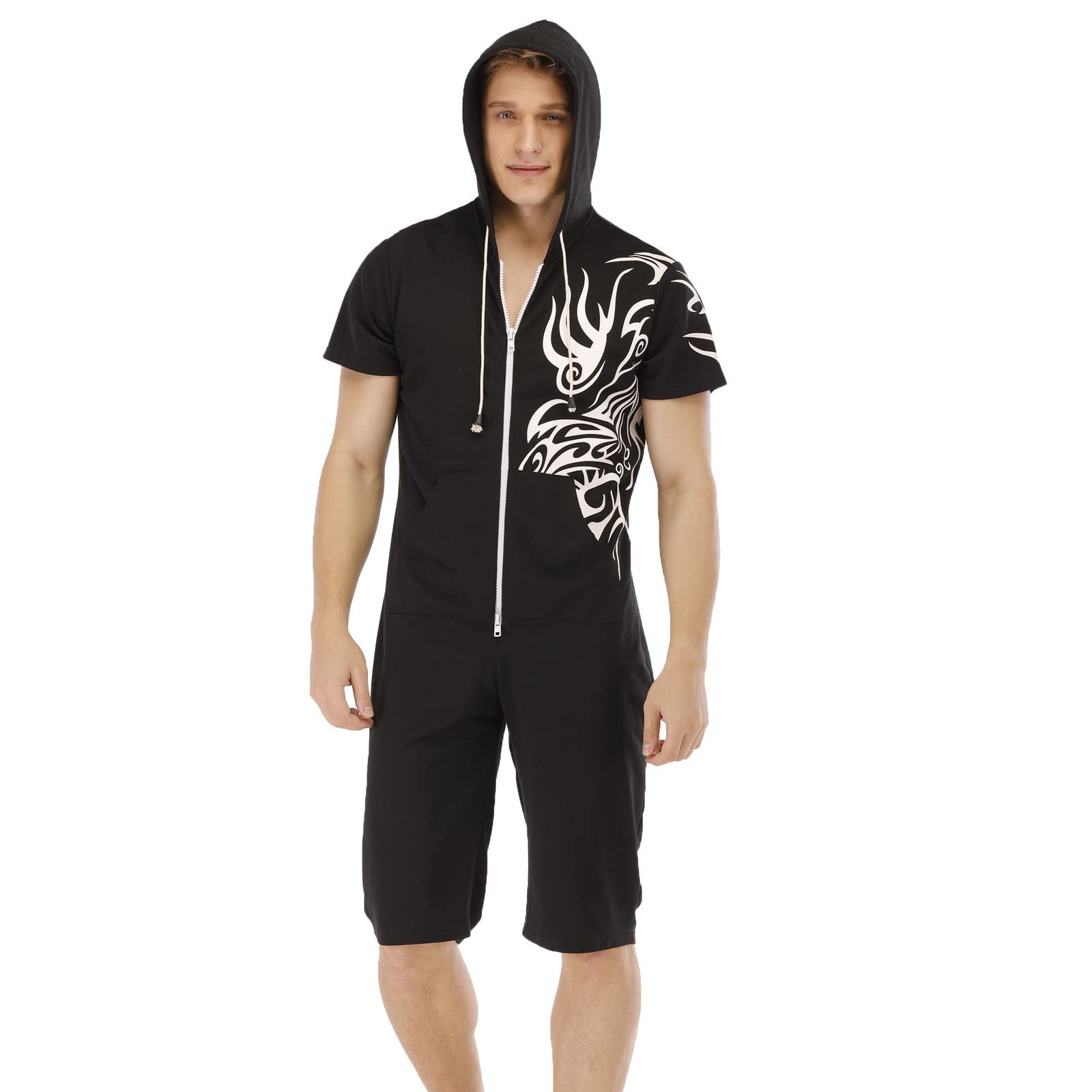 Combinaison Pyjama Court Hommes Grenouillères a Capuche Manches Courtes Short Été Confortable Zippé Adulte Une Piece Homewear Survêtement Onesie