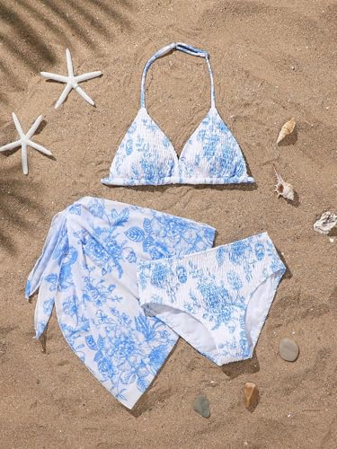 Image of SEGT Girl's 3 Piece Striped Bikini Swimwear Cute Swimsuits Bathing Suit High Waisted with Cover Up Beach Skirt