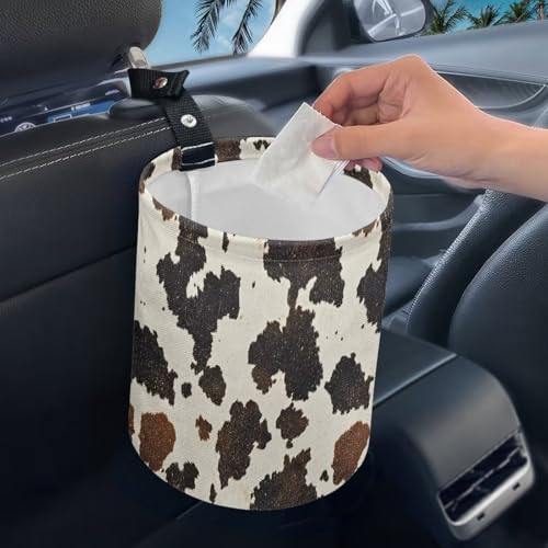 Image of Renewold Car Trash Can Foldable with Adjustable Straps Vintage Brown Cows Printed Organizer Bag for Trip Camping Picnic Auto Garbage Can for Console Front Rear Seat Trash Bin for SUV Van Sedan Truck