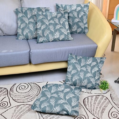 Image of Divine Casa Cushion Covers Set of 5 Mineral Blue | 16x16 Inch Jacquard Sofa Cushion Covers | Decorative Leaf Pattern Throw Pillow Covers for Living Room Decor