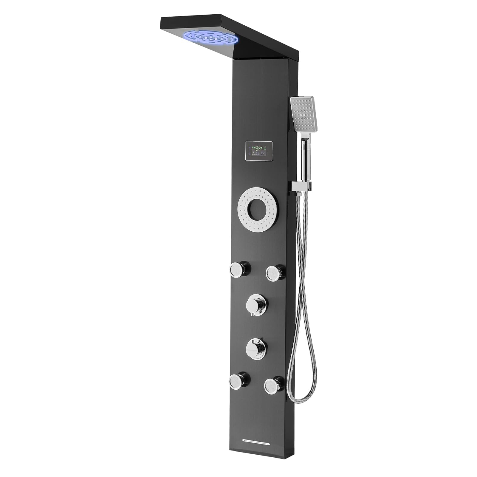 VEVOR Pannello Doccia con Sistema a Torre con Soffione a Pioggia, LED, Colonna Doccia in Acciaio Inox Spazzolato da 1345 mm Rubinetto a 6 Funzioni, con 5 Getti Corporei, Doccetta, Beccuccio per Vasca