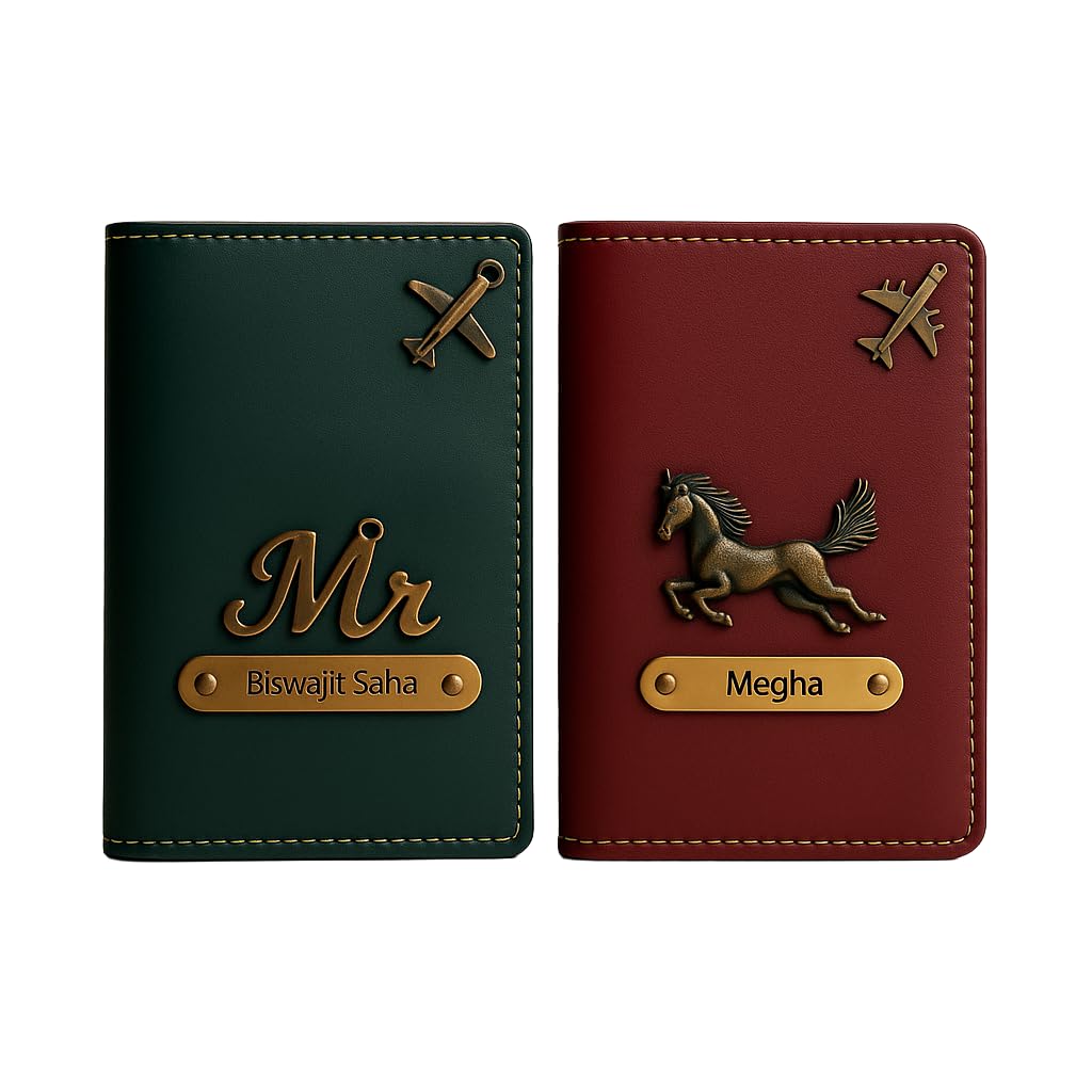 MkPremium Couple Passport Cover Combo | Engraved Passport and Document Holder with Secure Compartments (Green & RED)-image-40