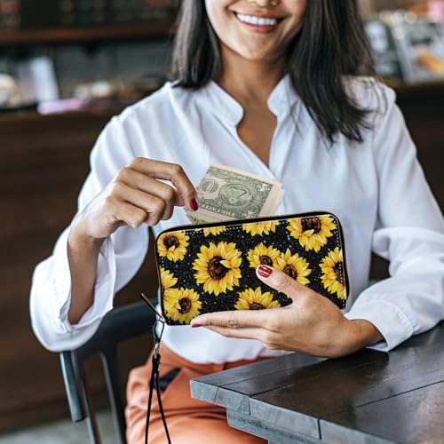 Image of Women's Wallets,Credit Card Holder Money Leather Long Wallet with Wristlet,Large Capacity with Zip-Around Phone Purse for Women Ladies Girls,Glitter Sunflower