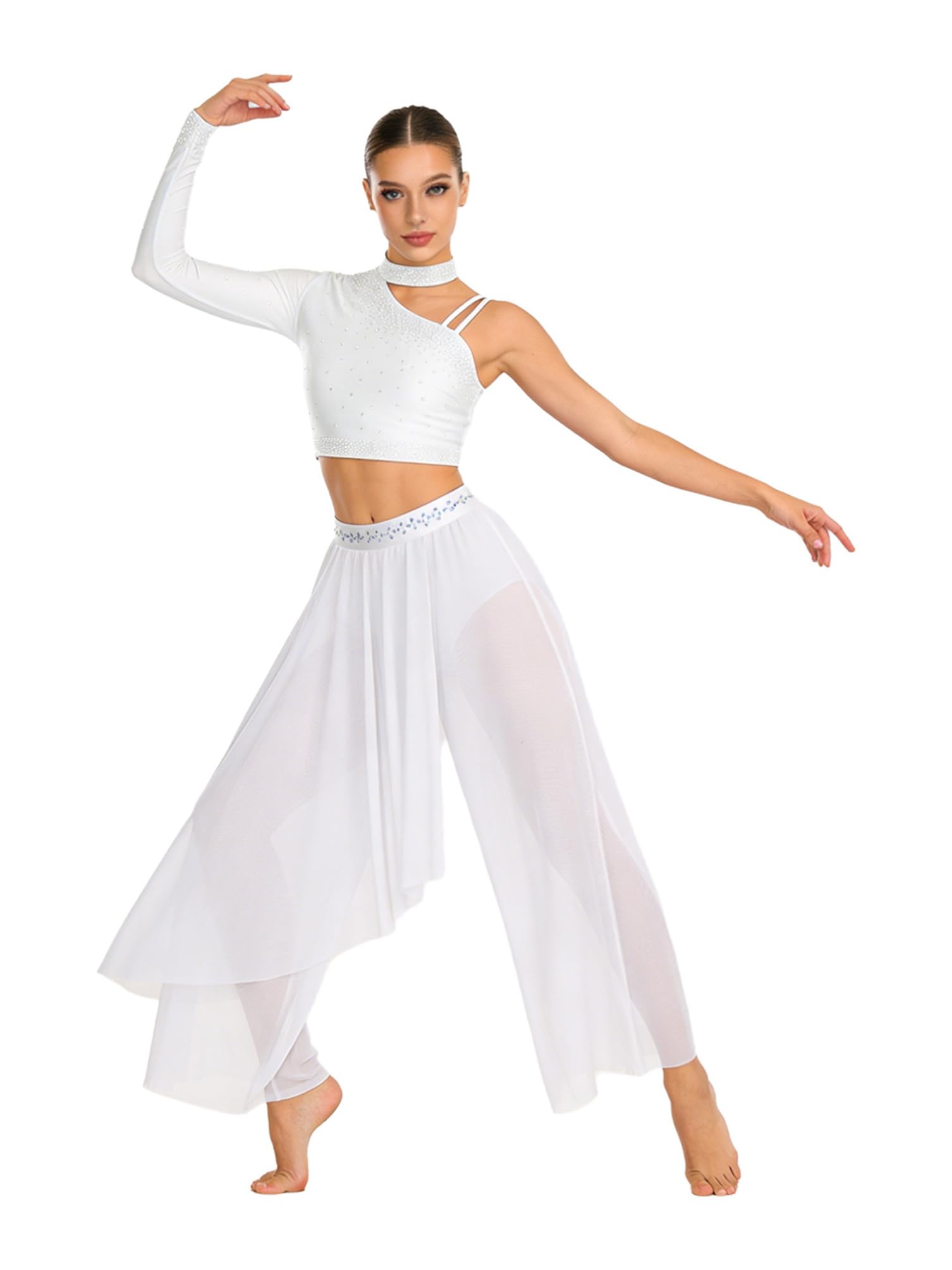 dPois Abito da Ballo Lirico Contemporaneo Donna Monospalla Maxi Vestito da Pattinaggio Artistico Crop Top Danza Moderna + Pantaloni Larghi Costume da Ginnastica Ritmica