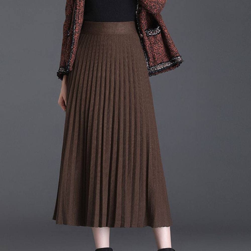 Gonne,Gonna Longuette da Donna Gonna A Pieghe in Maglia Vintage A Vita Alta Elastica Marrone Gonna A Pieghe A Trapezio Increspato Elegante Autunno Inverno Gonne Lunghe per Ragazze Signore,L