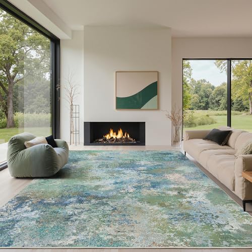 GENIMO Washable Rugs 8×10 Area Rugs for Living Room Bedroom, Modern Abstract Rug Ultra Soft Indoor Area Rugs 8×10 for Dining Room, Low Pile Carpet with Non Slip Backing, Abstract Blue Green
