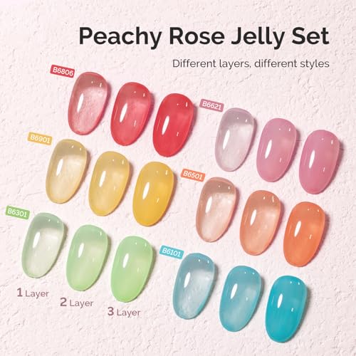Image of MelodySusie Jelly Gel Nail Polish Set,6 Transparent Colors,Milky or Jelly Texture,Spring and Summer Macaron Colors Soak Off UV LED Light Cure or Salon Manicure and Nail Art DIY at Home