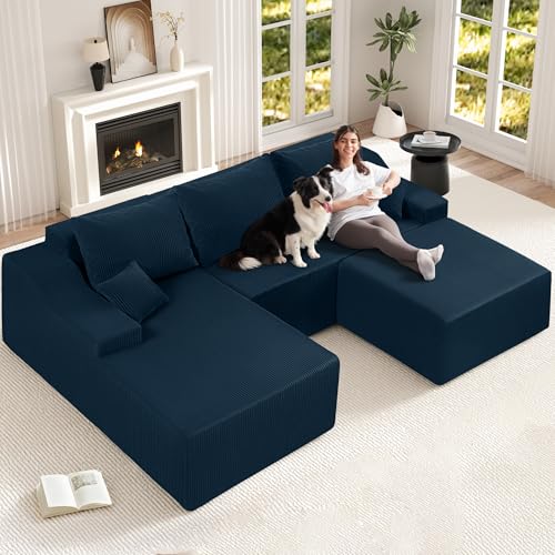 Image of HABUTWAY 94 inch U Shaped Modular Sectional Couch for Living Room, Modular Cloud Sofa with Ottoman, No Assembly Boneless Couches with Deep Seat, Corduroy Fabric (Blue, Left Facing)