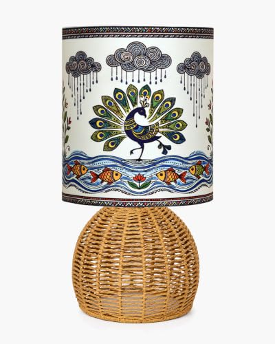Image of Homesake Handwoven Rattan Table Lamp with Madhubani Art Printed Fabric Shade, Decorative Raffia Cane Bedside Lamp, Boho Table Lamp with E27 Holder & Bulb Included, Living Room, Bedroom & Home Decor
