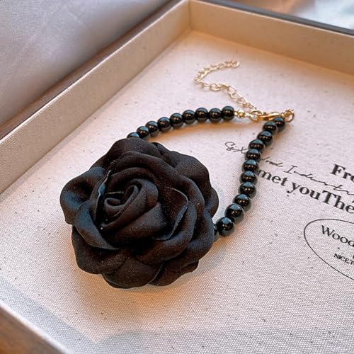 Vintage Imitation Pearl Bracelet with Rose Flower Charm Dainty Pearl Wrist Band Boho Rose Hand Accessories for Women Bridal Wedding Prom Festival3