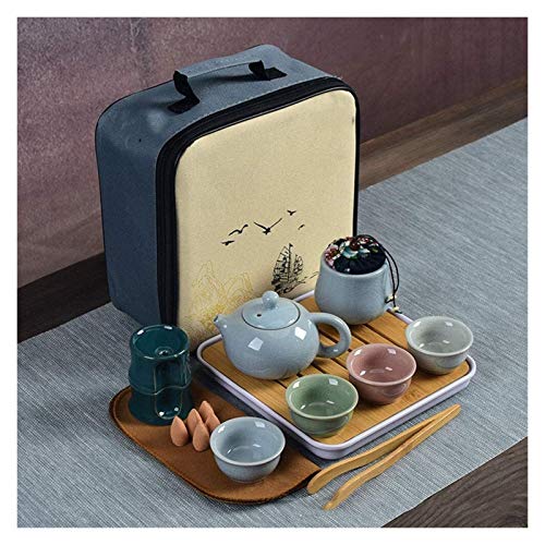 Kungfu Tea Set, Portable Travel Tea Set, Ceramic Kungfu Tea Set Portable Travel Tea Pot with Teapot Teacups Tea Canister Tea Tray and Travel Bag, Housewarming Feast Gift (Color : Blue)