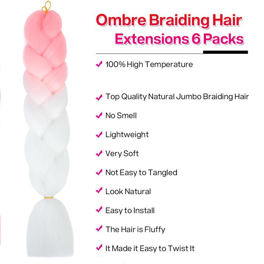 ombre pink white braiding hair 6 Packs Easy braids extensions hair Yaki texture Synthetic Hair Extensions for Braiding crochet braids for women girls pink white - Image 2