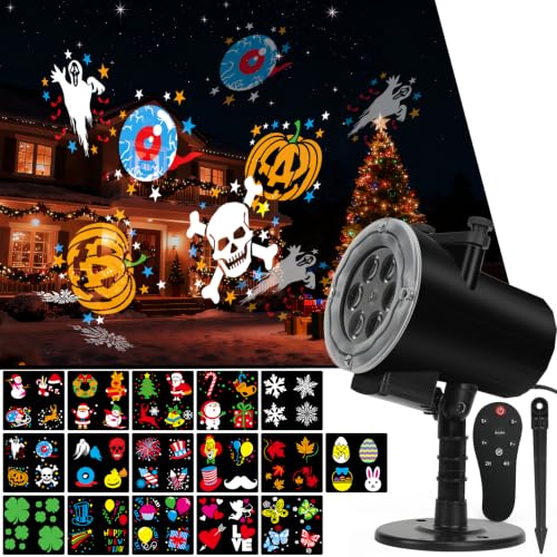 Halloween Christmas Projector Lights Outdoor Indoor Holiday Projector Light with Remote Timer 16 HD Slides LED Waterproof Landscape Light for Party Christmas Halloween Patio Yard Decor Lighting