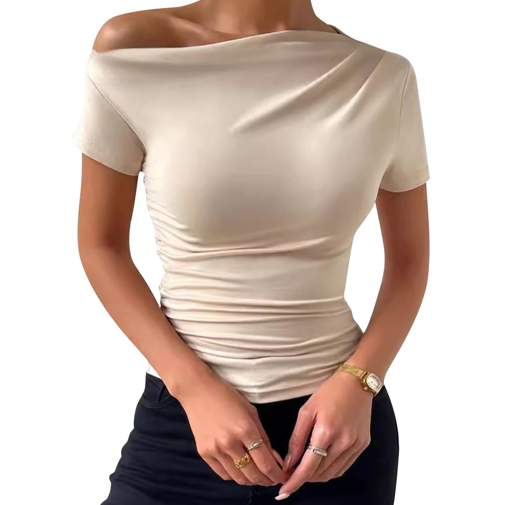 ALMLWIAJ Women's One Shoulder Short Sleeve Top, Ruched Fitted Design, Black/Beige (UK, Alpha, S, Regular, Regular, Beige)