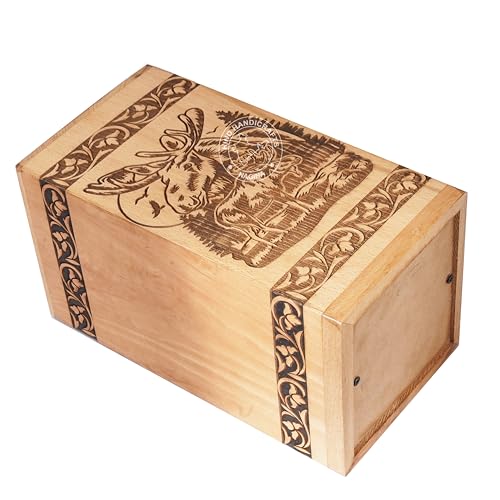Image of Handcrafted Floral Engraved Wooden Urns for Human Ashes Adult Large - Cremation Urn for Ashes - Burial Urn for Columbarium - Funeral Urn Box (Buck Deer 1, 250 LB - BeechWood)