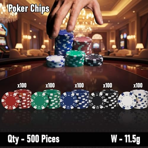 Image of WISHKEY Poker Chips Set 500 PCS with 5 Dice, 2 Decks of Playing Cards, 3 Dealer Buttons & Premium Carry Case Casino Style Poker Game Set for Home Party, Family & Friends 14+ Years