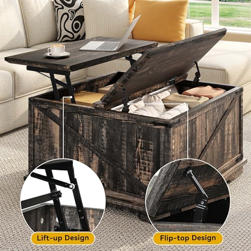DWVO Lift Top Coffee Table with Storage, Farmhouse Coffee Tables for Living Room, Square Coffee Table with Lifting Top Wood Center Table with Large Hidden Storage, Brown