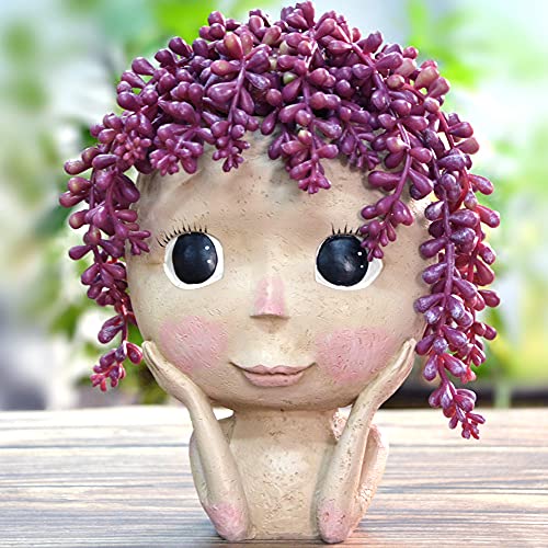 BXLE Cute Face Planter Head Planters Pot, Unique Miniature Facial Vase, Sculpture Statue Flower Pots, Resin Succulents Flowerpot with Hole for Home Desk Table Shelf Decor, No Plants (Open Eyes Girl)