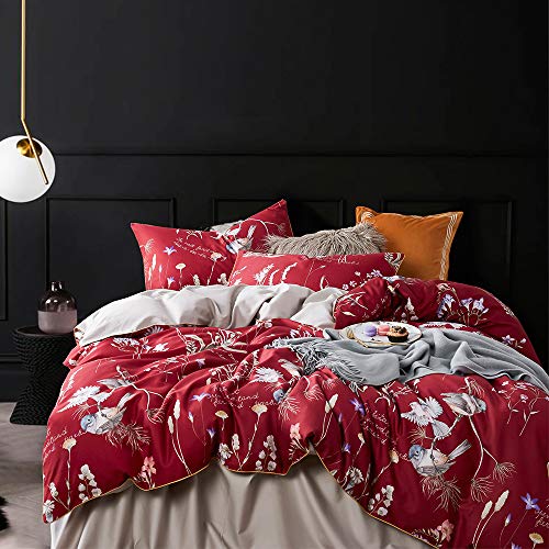 mixinni King Size Duvet Cover Red Floral Birds 100% Natural Long-Staple Cotton Flowers Leaves Print 3 Pieces Light Grey Pattern Bedding Duvet Cover with Zipper Ties for Her and Him-King Size