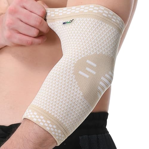 NEOtech Care Codera de compresión Tejido de punto 3D de fibra de bambú - Manga elástica y transpirable - Golf, tenis, deportes - Brazo derecho o izquierdo (Beige, Talla XL, 1 Unidad)