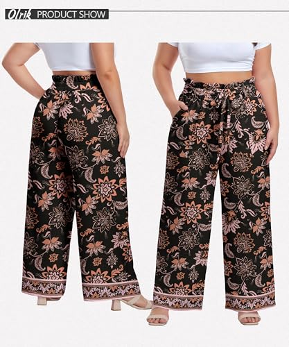 Image of OLRIK Women's Plus Size Pants Adjustable High Waisted Wide Leg Palazzo Pants Casual Trousers with Pockets Spring Clothes