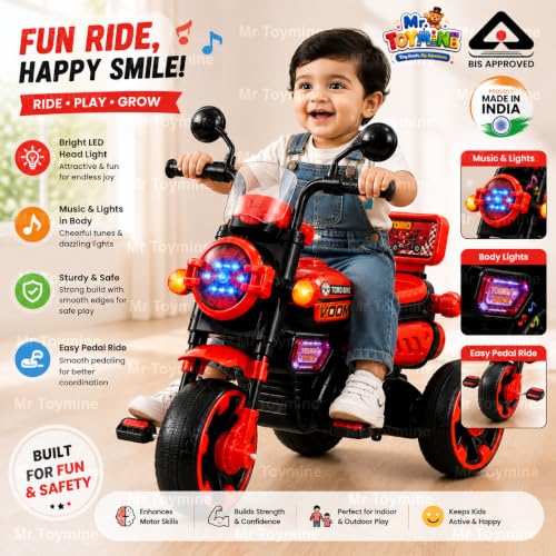 Image of TORQ Bike Pedal Tricycle for Kids Toddler Trike Headlight, Music, Curved Seat and Backrest Push Along Pedal Trike for 2 Years to 4 Years | Full Body LED| RED | TOYMINE