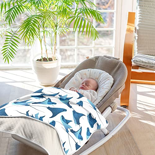Image of Swaddle Blanket Manta Ray Fish Marine Animal Cotton Blanket for Infants, Receiving Blanket, Lightweight Soft Swaddling Blanket for Crib, Stroller, Nursery Blankets, 30X40In White