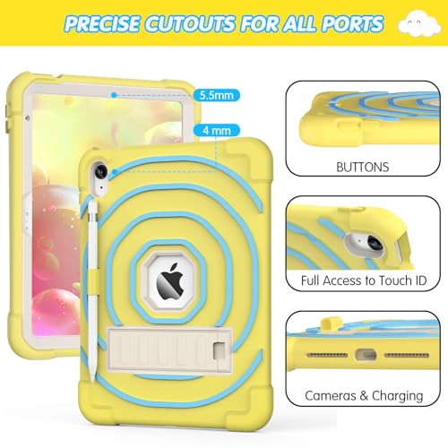 SIBEITU Kids Case for iPad (A16) 11-inch 2025/ 10th Generation 10.9-inch 2022, Shockproof Rugged Hybrid 3-Layer Protective Cover for iPad 11th/ 10th Gen with Stand & Pencil Holder (Yellow Blue)