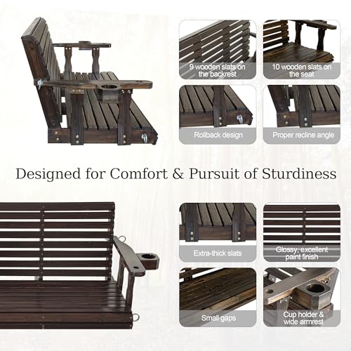Image of Fortune Candy Wooden Porch Swing, Deep Brown, 5.5 FT Extra Large