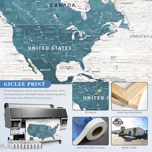 Image of IPIC - Antique Blue World Map & USA Map Canvas Wall Art Set of 2, Travel Wall Decor with Pins Included, Ready to Hang for Office or Living Room, 40x30 Inch