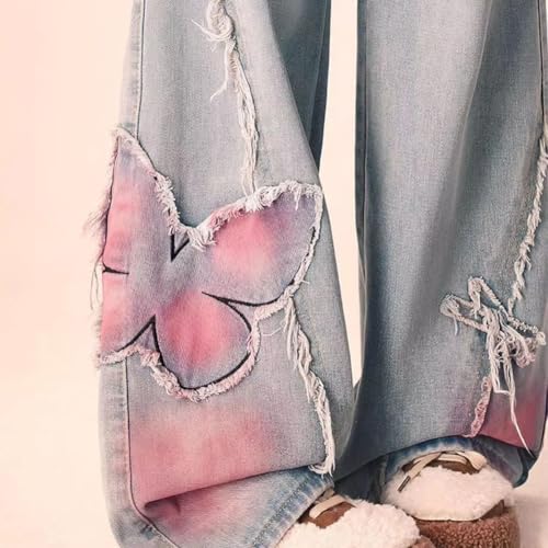 LAFOURAM Petite Jeans for Women 5 FT Short Wide Leg Baggy Coquette Butterfly Patchwork Denim Pants4